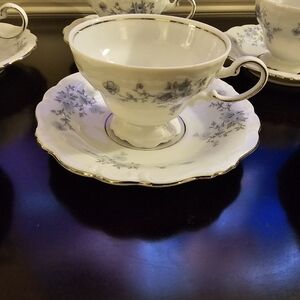 Six Johann Haviland Blue Garland footed cups and saucers.